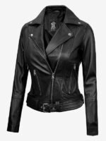 Black Leather Asymmetrical Biker Jacket For Womens