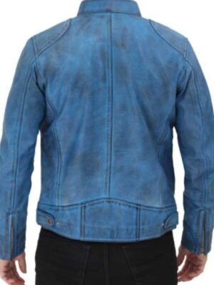 Mens Dodge Cafe Racer Sky Blue Snap Collar Leather Jacket