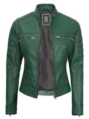 Green Cafe Racer Zipper Pockets Leather Biker Jacket For Womens