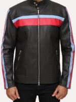 Mens Striped Cafe Racer Black Leather Jacket