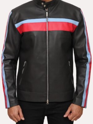 Mens Striped Cafe Racer Black Leather Jacket