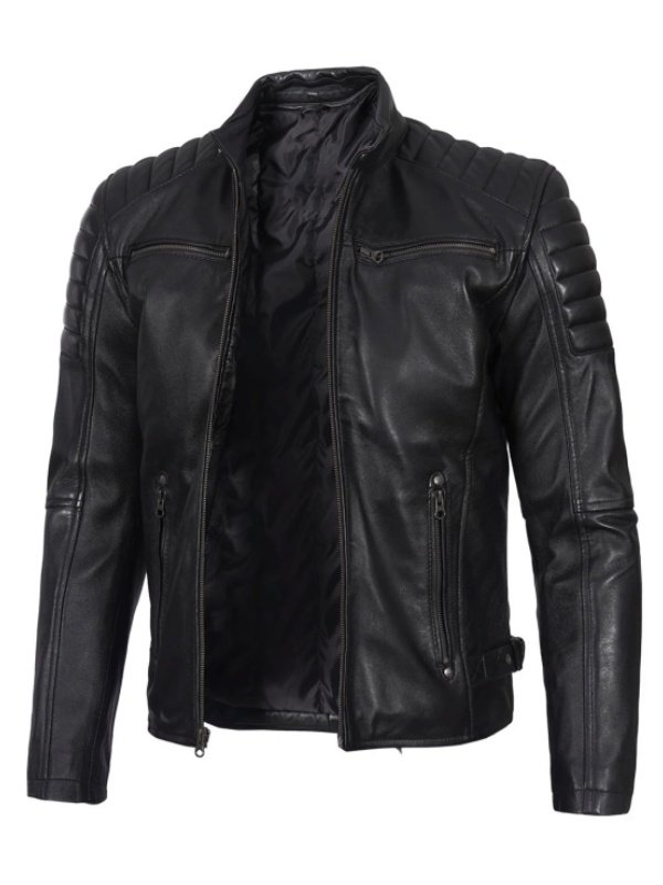 Black Biker Quilted Leather Jacket For Men