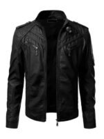 Black Biker Quilted Slim Fit Leather Jacket For Mens