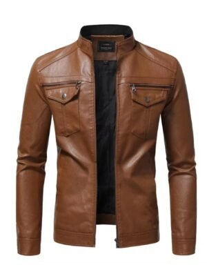 Mens Casual Slim Fit Button Pocket Brown Leather Jacket