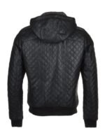 Men's Quilted Black Leather Jacket with Detachable Hood