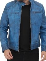 Cafe Racer Dodge Sky Blue Snap Collar Leather Jacket For Mens