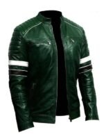 Green Biker Leather Zipper Pockets Jacket For Mens