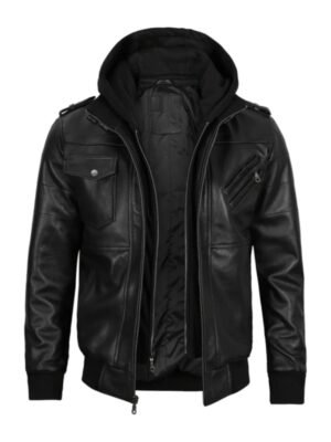 Mens Leather Jacket with Removable Hoodie in Black