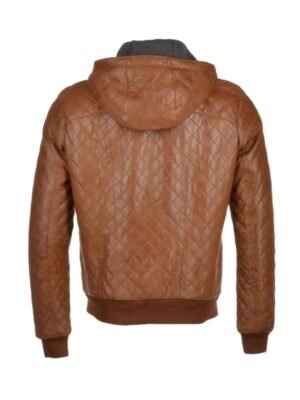 Men's Quilted Leather Jacket with Detachable Hood