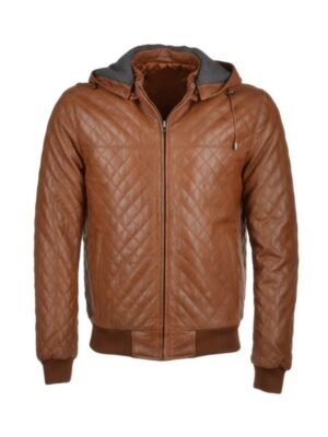 Men's Quilted Detachable Hood Bomber Leather Jacket