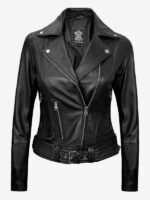 Black Leather Asymmetrical Biker Jacket For Womens