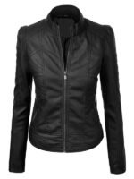 Women’s Black Leather Cafe Racer Jacket