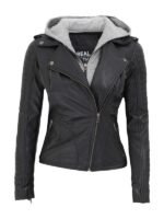 Removable Hooded Asymmetrical Black Leather Jacket For Womens