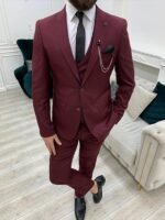 3 Piece Burgundy Slim Fit Wedding For Suit Men