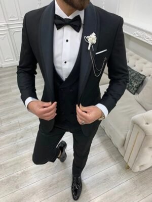 Three Mens Piece Slim Fit Wedding Black Suit