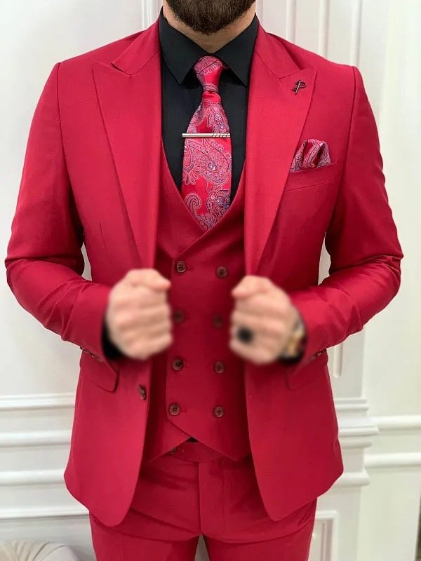 Men’s Wedding Slim Fit Three Piece Tuxedo Red Suit