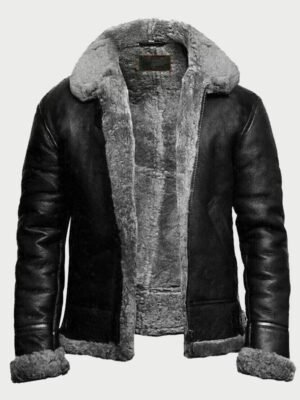 Men's Military Black Fur B3 Pilot Shearling Aviator Jacket