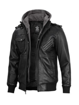 Black Bomber Leather Jacket For Mens - Removable Hood