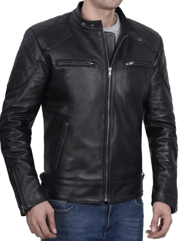 Buy Men's Black Cafe Racer Leather Jacket with Zipper Pockets