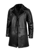 Black Leather Long Shearling Coat for Men's