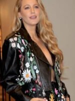 Blake Lively Floral Black Leather Biker Jacket