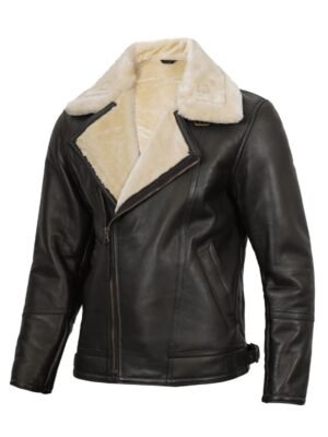 Mens Dark Brown Asymmetrical Leather Shearling Jacket