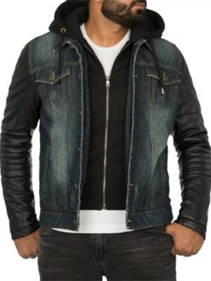 Mens Denim Hooded Leather Sleeves Jacket