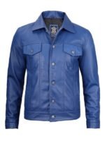 Mens Fernando Blue Leather Trucker Jacket