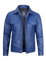 Fernando Blue Leather Trucker Jacket For Mens