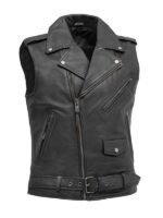 Belted Style Black Leather Biker Vest For Mens