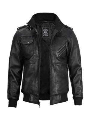 Mens Bomber Leather Jacket with Removable Hood