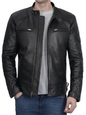 Black Cafe Racer Leather Jacket For Mens