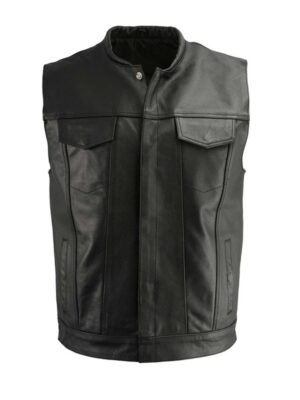 Black Club Flap Pocket Biker Leather Vest For Mens