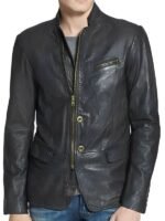 Men's Black Zipper Pocket Lambskin Leather Blazer