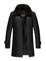 Mens 34 Black Leather Coat with Fur Collar