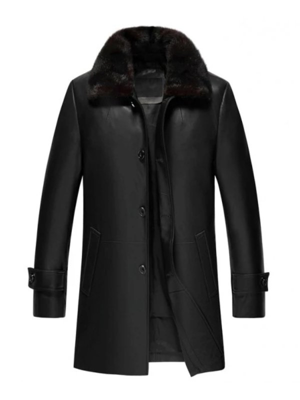 Mens 34 Black Leather Coat with Fur Collar