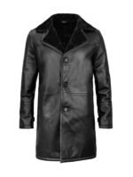 Black Leather Long Shearling Coat for Mens