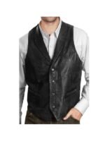 Black Leather Sleeveless Waistcoat Vest For Men's