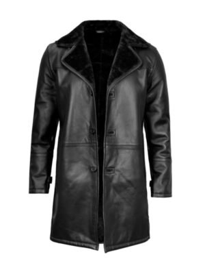 Men's Black Leather Long Shearling Coat