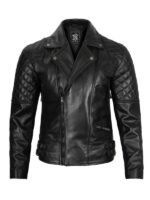 Black Quilted Asymmetrical Biker Leather Jacket For Mens