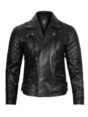 Black Quilted Asymmetrical Biker Leather Jacket For Mens