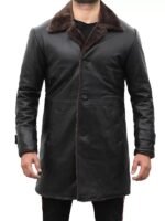 Black Leather Shearling Coat For Mens