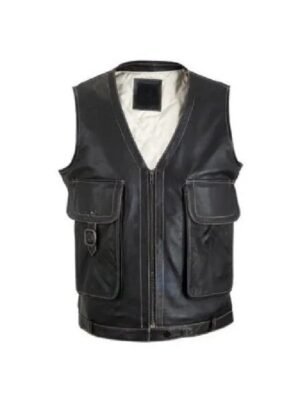 Black Zip Up Sleeveless Leather Vest For Mens