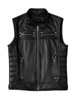 Men's Motorcycle Zipper Pockets Black Leather Vest