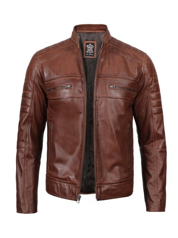 Brown Distressed Cognac Biker Leather Jacket -Men's