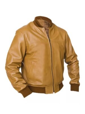 Camel Brown Slim Fit Bomber Leather Jacket For Mens