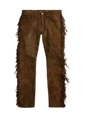 Cowboy Fringes Brown Cowhide Suede Leather Pants For Mens