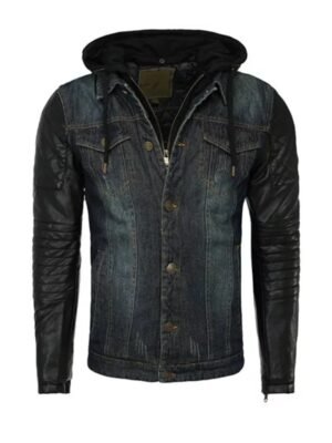 Denim Hooded Leather Sleeves Jacket