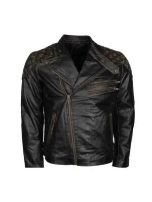 Mens Skull And Bones Distressed Black Leather Jacket