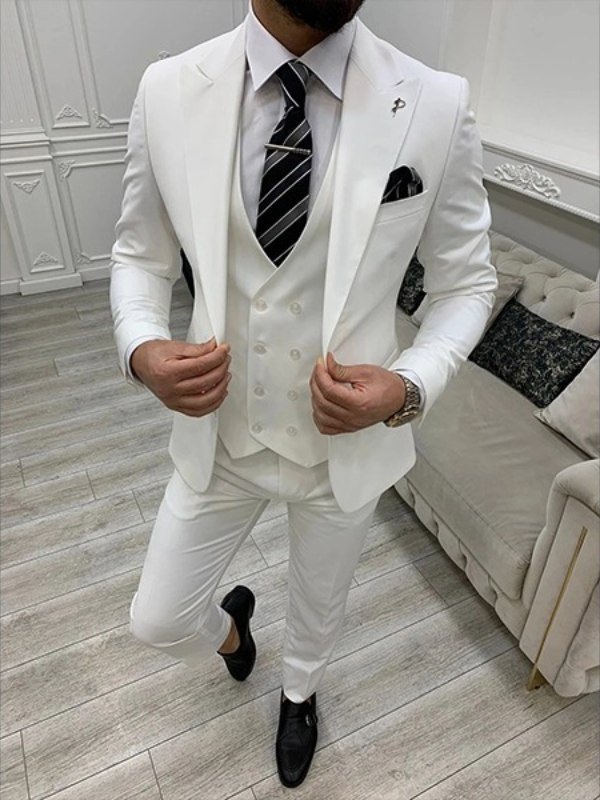 Mens Three Piece Slim Wedding Fit White Suit